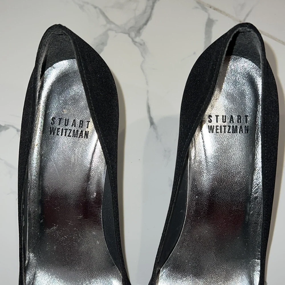 Stuart Weitzman Black Satin Jewel Embellished Peep toe pumps shoes size 6.5 M - Picture 7 of 15